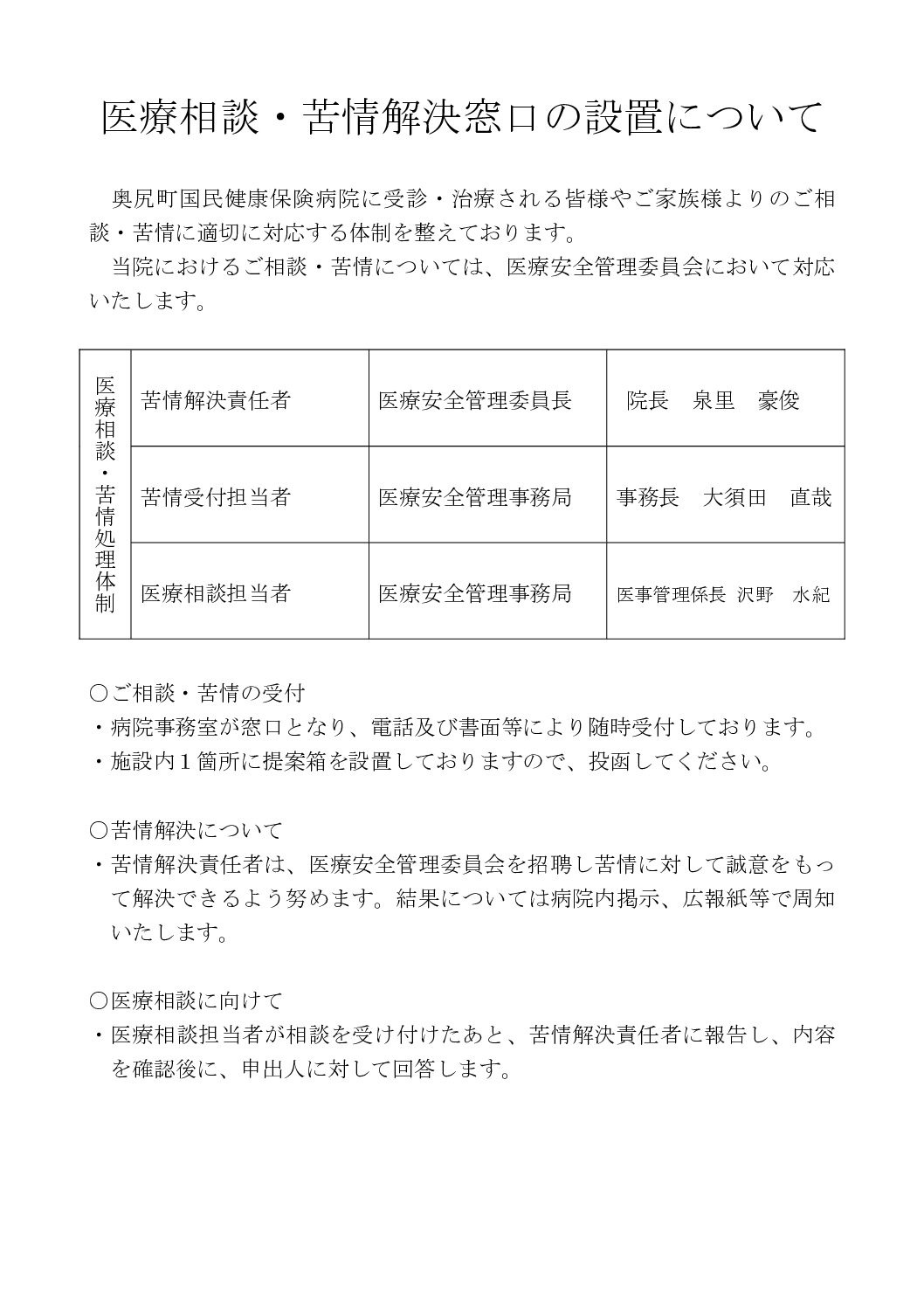 医療相談・苦情解決窓口の設置について